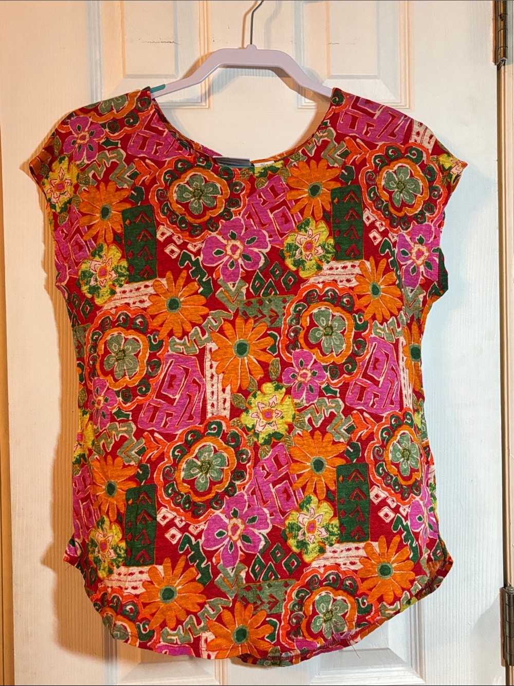 Floral Print Cap-Sleeve Blouse in Orange & Pink